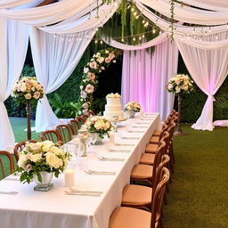 An elegant wedding decoration scene, featuring a beautifully set long table adorned with white tablecloths, delicate floral arrangements in soft pastel colors like blush pink, lavender, and cream, surrounded by vintage wooden chairs