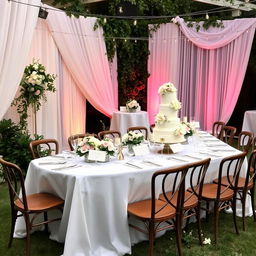 An elegant wedding decoration scene, featuring a beautifully set long table adorned with white tablecloths, delicate floral arrangements in soft pastel colors like blush pink, lavender, and cream, surrounded by vintage wooden chairs