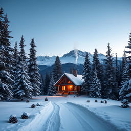 A stunning winter landscape, featuring a cozy cabin nestled amongst tall pine trees, snow gently falling around it