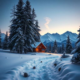 A stunning winter landscape, featuring a cozy cabin nestled amongst tall pine trees, snow gently falling around it