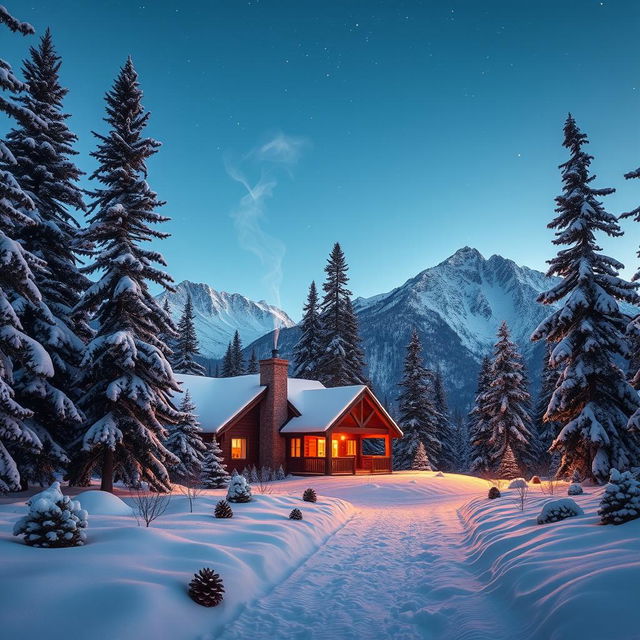 A stunning winter landscape, featuring a cozy cabin nestled amongst tall pine trees, snow gently falling around it