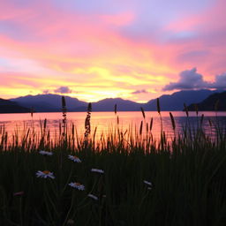 A picturesque sunset over a tranquil lake, reflecting the vibrant hues of pink, orange, and purple in the sky