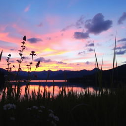 A picturesque sunset over a tranquil lake, reflecting the vibrant hues of pink, orange, and purple in the sky