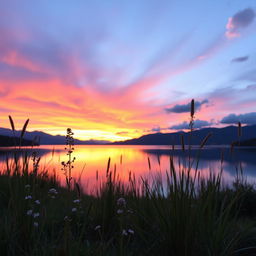 A picturesque sunset over a tranquil lake, reflecting the vibrant hues of pink, orange, and purple in the sky