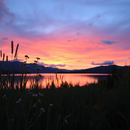 A picturesque sunset over a tranquil lake, reflecting the vibrant hues of pink, orange, and purple in the sky