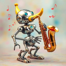 A whimsical scene featuring a shiny, futuristic robot with metallic arms and legs, animatedly playing a saxophone