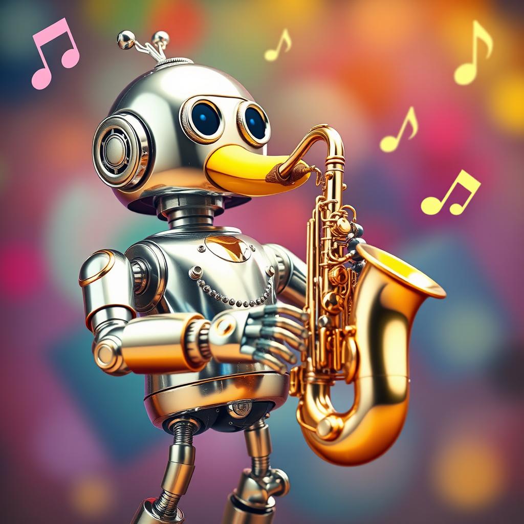 A whimsical scene featuring a shiny, futuristic robot with metallic arms and legs, animatedly playing a saxophone