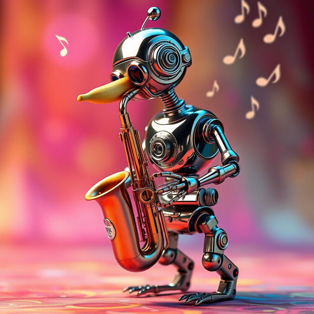 A whimsical scene featuring a shiny, futuristic robot with metallic arms and legs, animatedly playing a saxophone