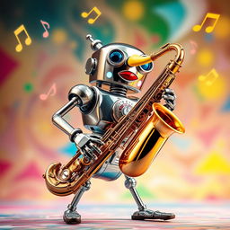 A whimsical scene featuring a shiny, futuristic robot with metallic arms and legs, animatedly playing a saxophone