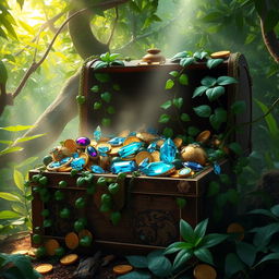 A beautifully rendered treasure chest overflowing with an assortment of dazzling jewels, gold coins, and precious artifacts