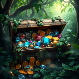 A beautifully rendered treasure chest overflowing with an assortment of dazzling jewels, gold coins, and precious artifacts