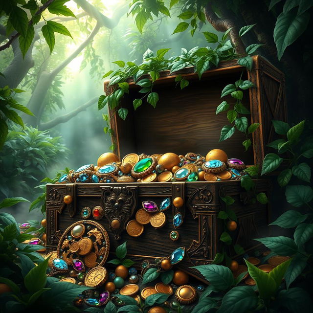 A beautifully rendered treasure chest overflowing with an assortment of dazzling jewels, gold coins, and precious artifacts