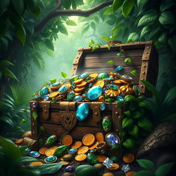 A beautifully rendered treasure chest overflowing with an assortment of dazzling jewels, gold coins, and precious artifacts