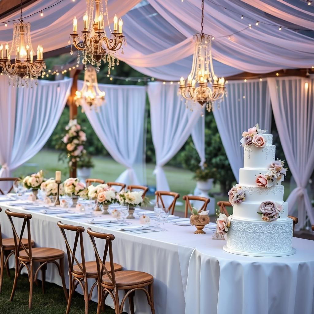 A stunning wedding decoration scene, featuring an elegantly arranged outdoor venue with a long, beautifully set table draped in a luxurious white tablecloth