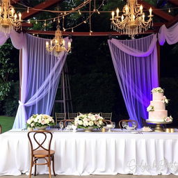 A stunning wedding decoration scene, featuring an elegantly arranged outdoor venue with a long, beautifully set table draped in a luxurious white tablecloth