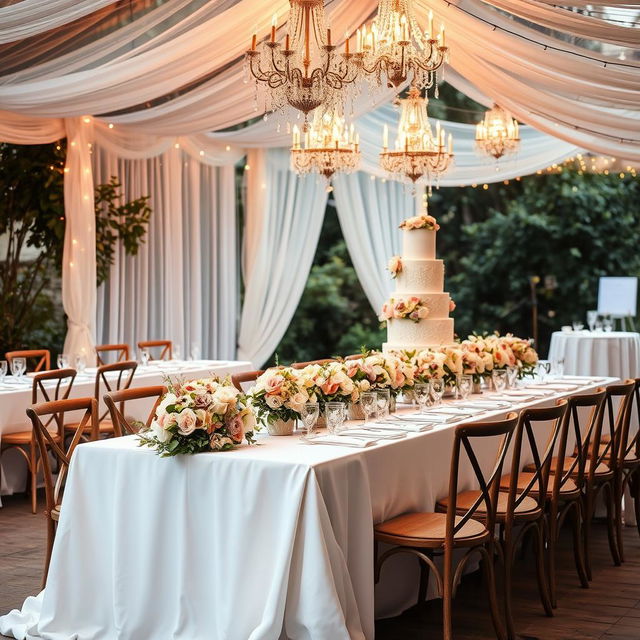 A stunning wedding decoration scene, featuring an elegantly arranged outdoor venue with a long, beautifully set table draped in a luxurious white tablecloth