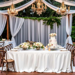 A stunning wedding decoration scene, featuring an elegantly arranged outdoor venue with a long, beautifully set table draped in a luxurious white tablecloth