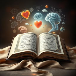 An artistic representation of the connection between the Quran and psychology, featuring an open Quran with beautiful, intricate Arabic calligraphy, surrounded by various psychological symbols like the brain, a heart, and abstract representations of thoughts and emotions