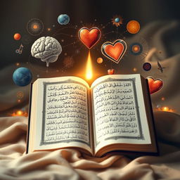 An artistic representation of the connection between the Quran and psychology, featuring an open Quran with beautiful, intricate Arabic calligraphy, surrounded by various psychological symbols like the brain, a heart, and abstract representations of thoughts and emotions