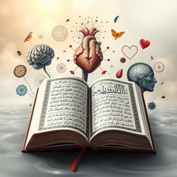 An artistic representation of the connection between the Quran and psychology, featuring an open Quran with beautiful, intricate Arabic calligraphy, surrounded by various psychological symbols like the brain, a heart, and abstract representations of thoughts and emotions