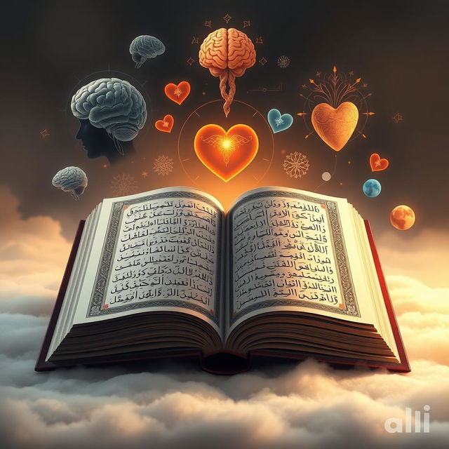 An artistic representation of the connection between the Quran and psychology, featuring an open Quran with beautiful, intricate Arabic calligraphy, surrounded by various psychological symbols like the brain, a heart, and abstract representations of thoughts and emotions