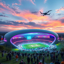 A futuristic vision of Isfahan's Naqsh Jahan Stadium, showcasing an innovative design that blends traditional Persian architecture with modern technologies