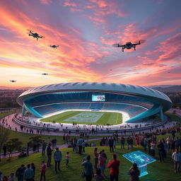 A futuristic vision of Isfahan's Naqsh Jahan Stadium, showcasing an innovative design that blends traditional Persian architecture with modern technologies