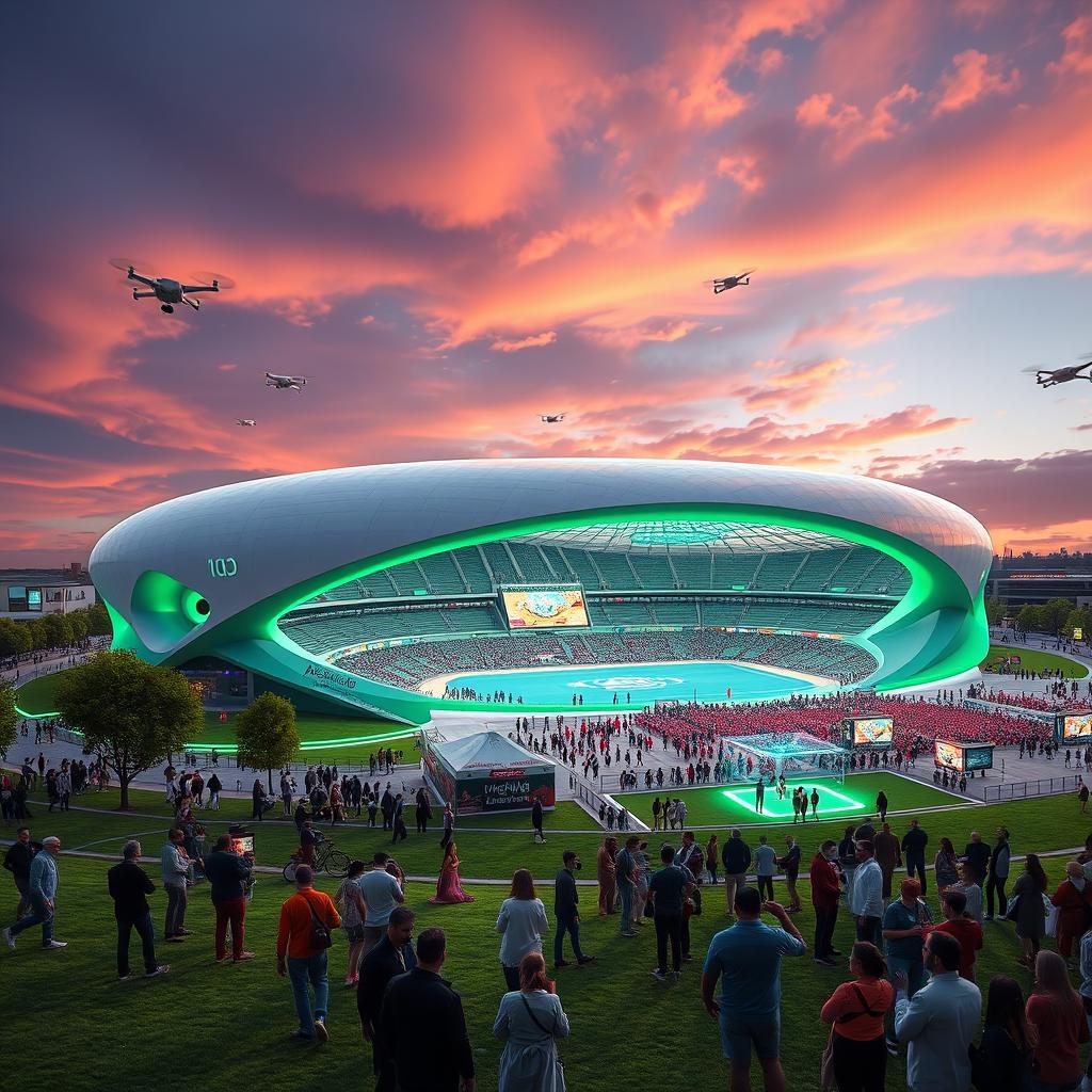 A futuristic vision of Isfahan's Naqsh Jahan Stadium, showcasing an innovative design that blends traditional Persian architecture with modern technologies