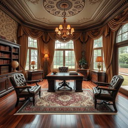 A luxurious, classic study room featuring vintage rich mahogany furniture, including an ornate wooden desk and plush leather chairs