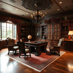 A luxurious, classic study room featuring vintage rich mahogany furniture, including an ornate wooden desk and plush leather chairs