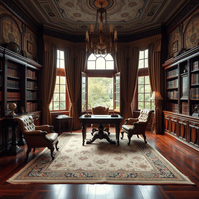 A luxurious, classic study room featuring vintage rich mahogany furniture, including an ornate wooden desk and plush leather chairs