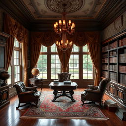 A luxurious, classic study room featuring vintage rich mahogany furniture, including an ornate wooden desk and plush leather chairs