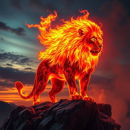 An impressive and majestic fire lion, its mane ablaze with vibrant flames, glowing like molten lava under a twilight sky