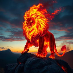 An impressive and majestic fire lion, its mane ablaze with vibrant flames, glowing like molten lava under a twilight sky