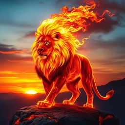 An impressive and majestic fire lion, its mane ablaze with vibrant flames, glowing like molten lava under a twilight sky