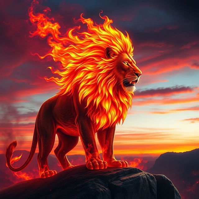 An impressive and majestic fire lion, its mane ablaze with vibrant flames, glowing like molten lava under a twilight sky