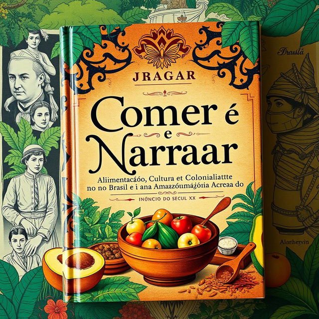 A captivating book cover design for the title 'Comer e Narrar: Alimentação, Cultura e Colonialidade no Brasil e na Amazônia Acreana do Início do Século XX'