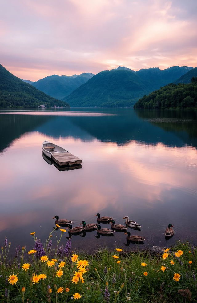 A serene landscape view of a tranquil lake surrounded by lush green mountains during sunrise