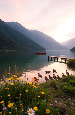A serene landscape view of a tranquil lake surrounded by lush green mountains during sunrise