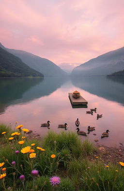 A serene landscape view of a tranquil lake surrounded by lush green mountains during sunrise