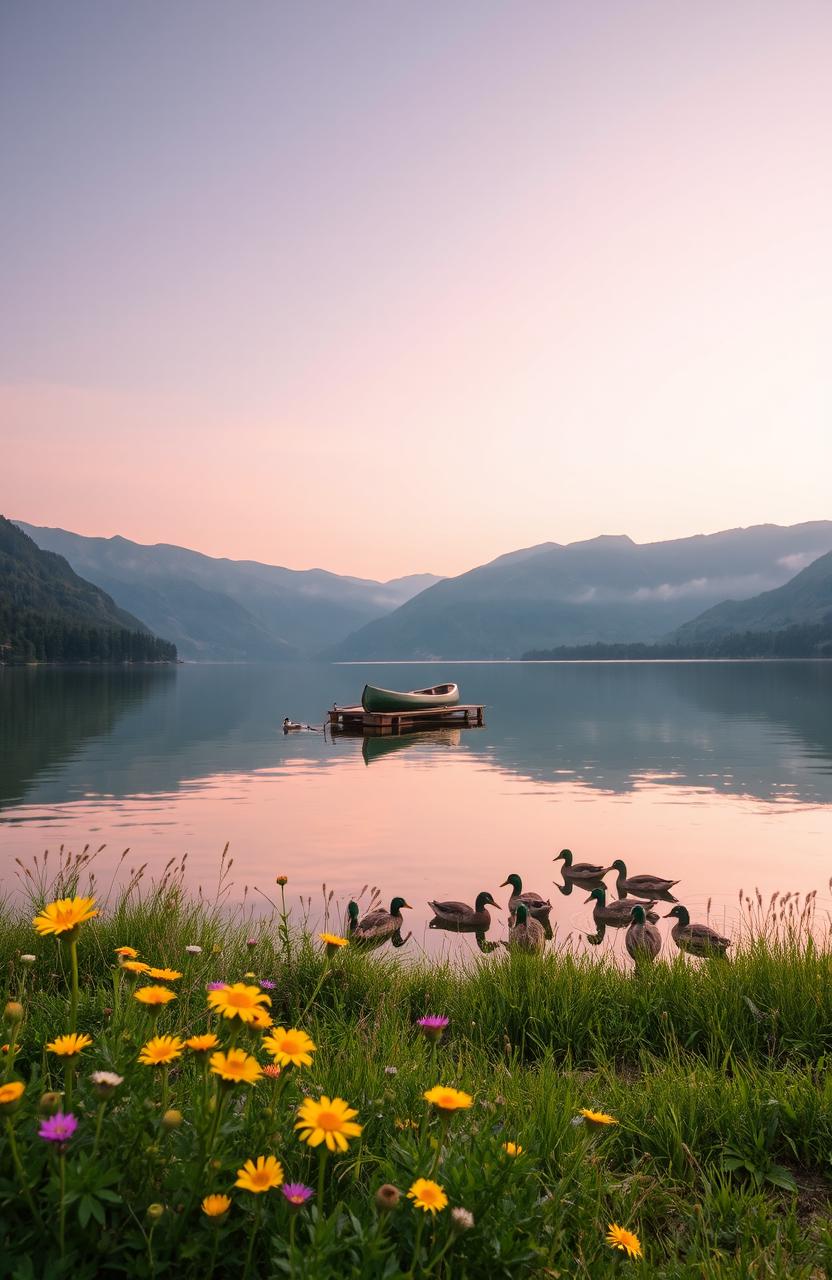 A serene landscape view of a tranquil lake surrounded by lush green mountains during sunrise