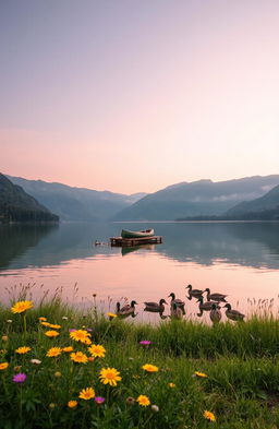 A serene landscape view of a tranquil lake surrounded by lush green mountains during sunrise