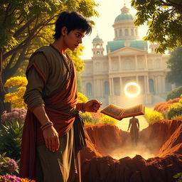 In a lush garden outside a grand palace under golden sunlight, 16-year-old Prince Veer anxiously awaits his brother Nivar