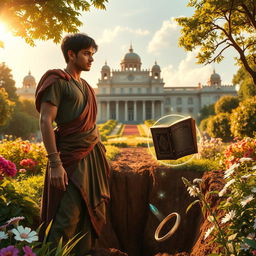 In a lush garden outside a grand palace under golden sunlight, 16-year-old Prince Veer anxiously awaits his brother Nivar