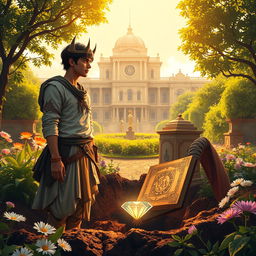 In a lush garden outside a grand palace under golden sunlight, 16-year-old Prince Veer anxiously awaits his brother Nivar