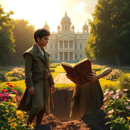 In a lush garden outside a grand palace under golden sunlight, 16-year-old Prince Veer anxiously awaits his brother Nivar