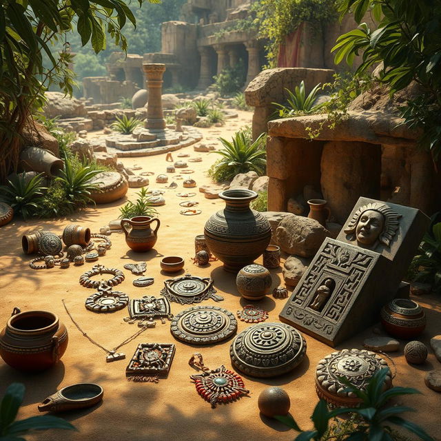 A stunning depiction of incredible artifacts found in the ruins of a lost ancient city