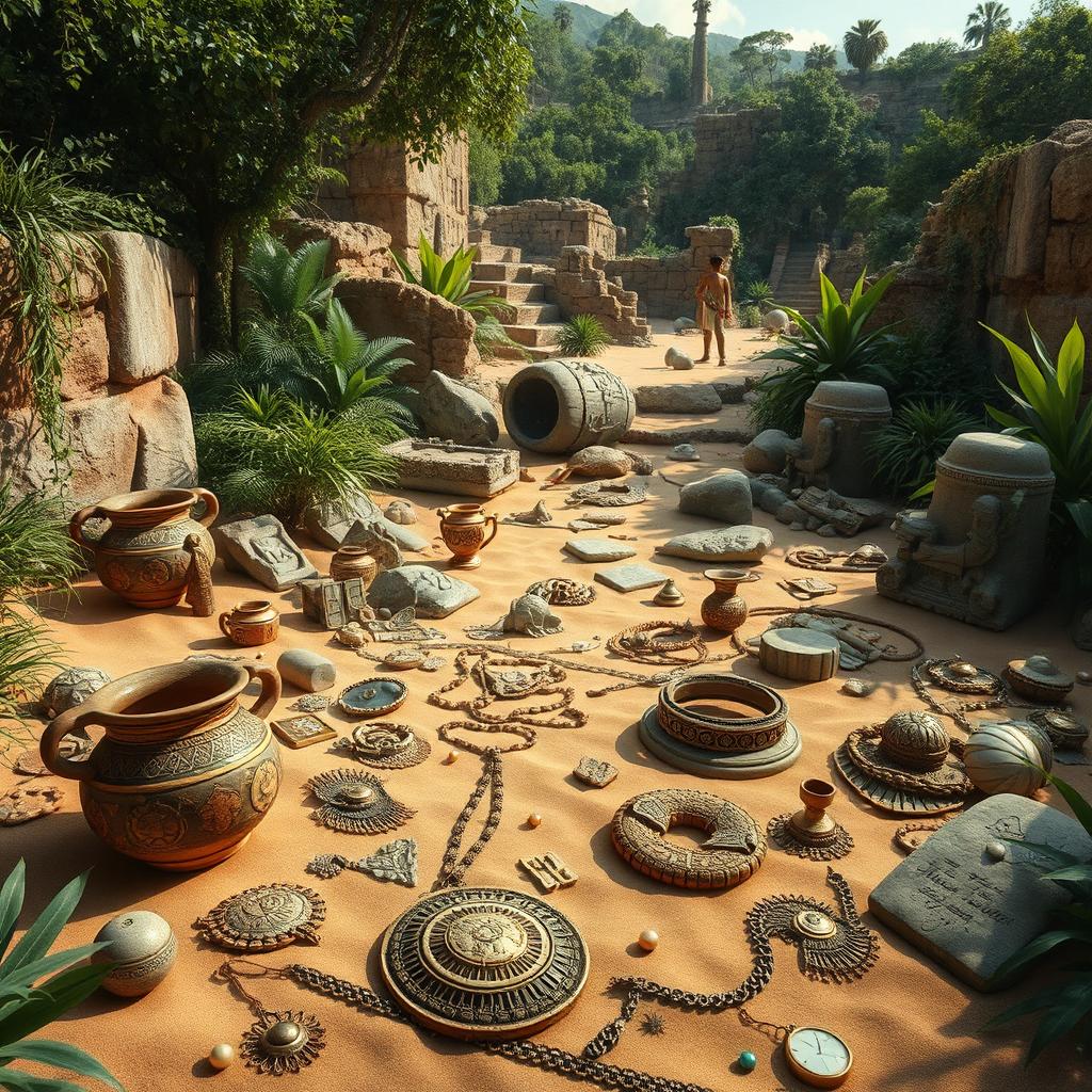A stunning depiction of incredible artifacts found in the ruins of a lost ancient city