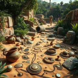 A stunning depiction of incredible artifacts found in the ruins of a lost ancient city
