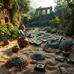 A stunning depiction of incredible artifacts found in the ruins of a lost ancient city